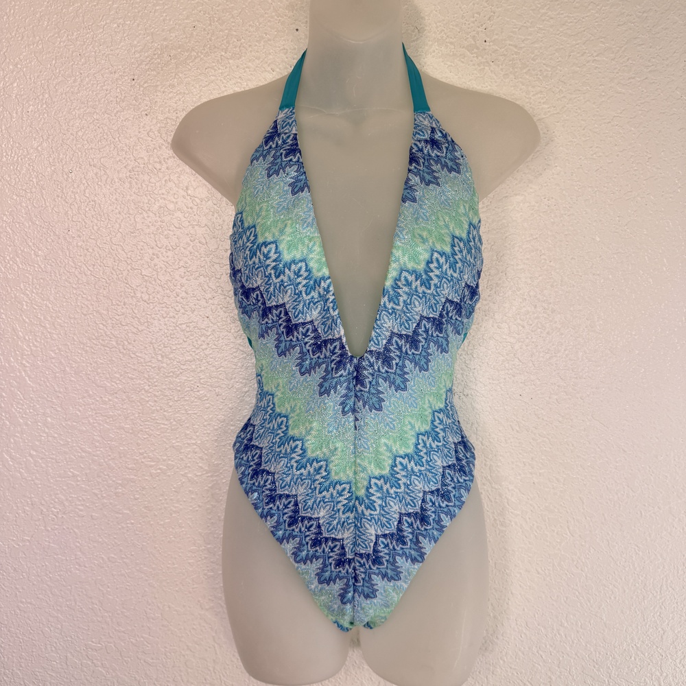 Luli Fama Swimsuit Womens Small Seven Seas Deep V Metallic Chevron Halter Plunge